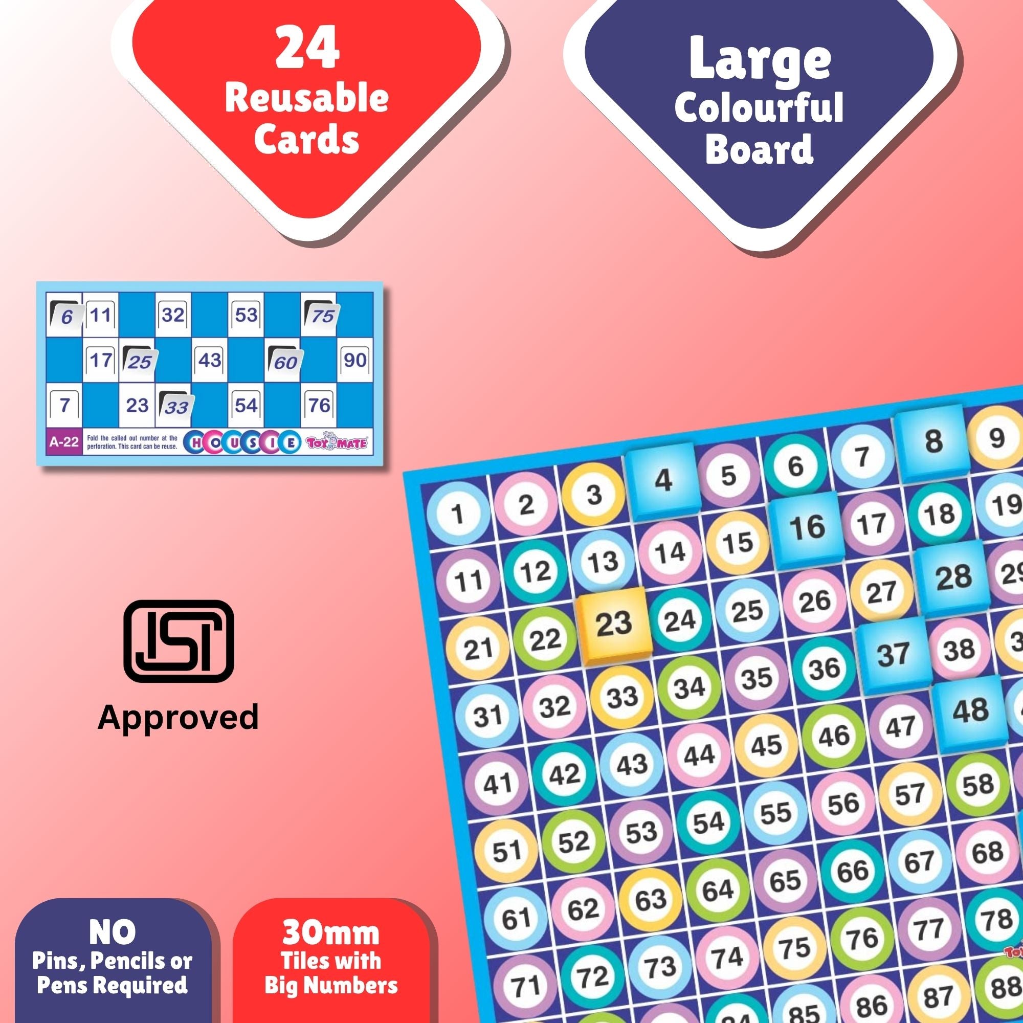 Toymate's Housie 24 Red Reusable Cards - Family Fun Game for Small Gathering- No pins or Pencils Required