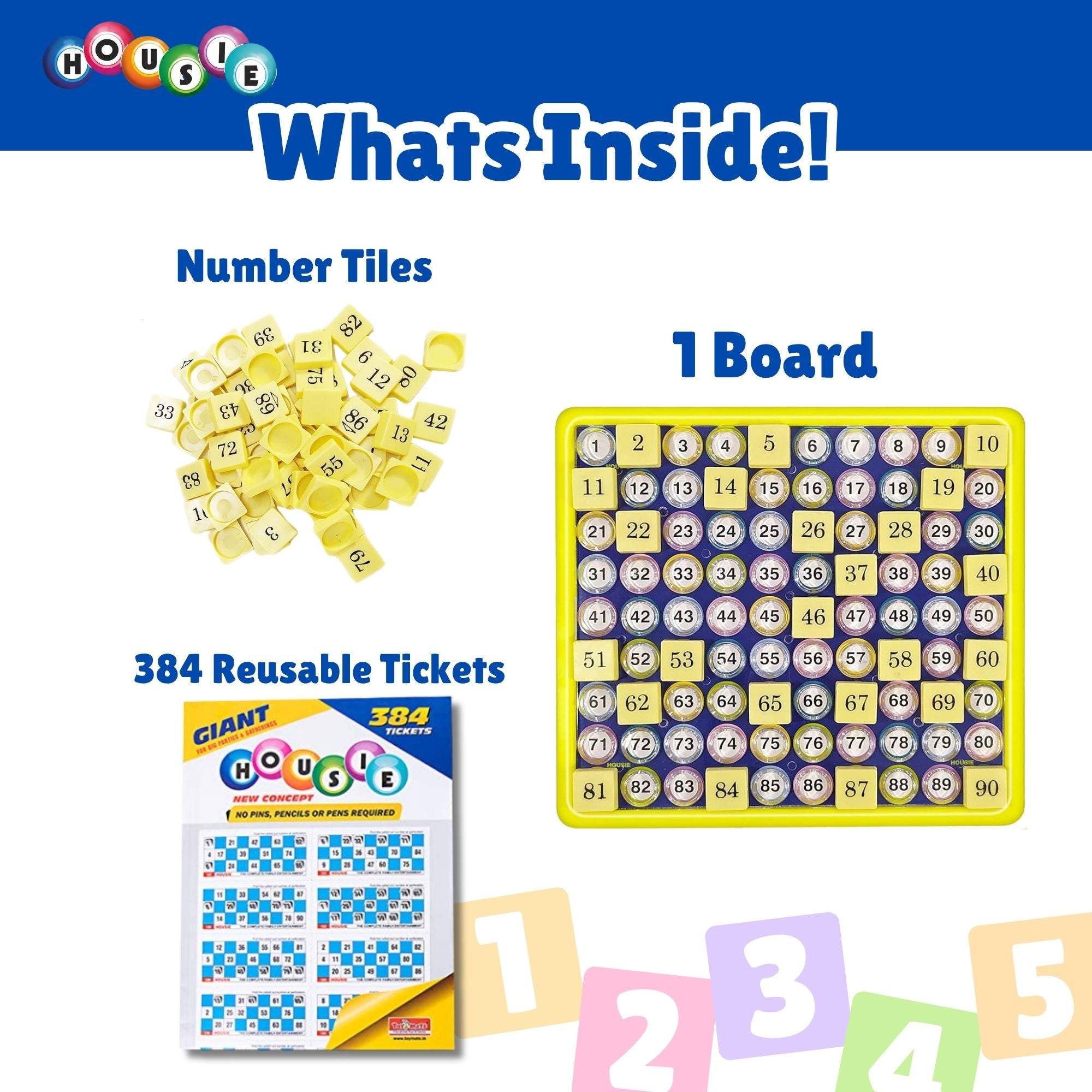 Housie 384 Game - Reusable Tickets with Plastic Gameboard | Family Party Game by Toymate