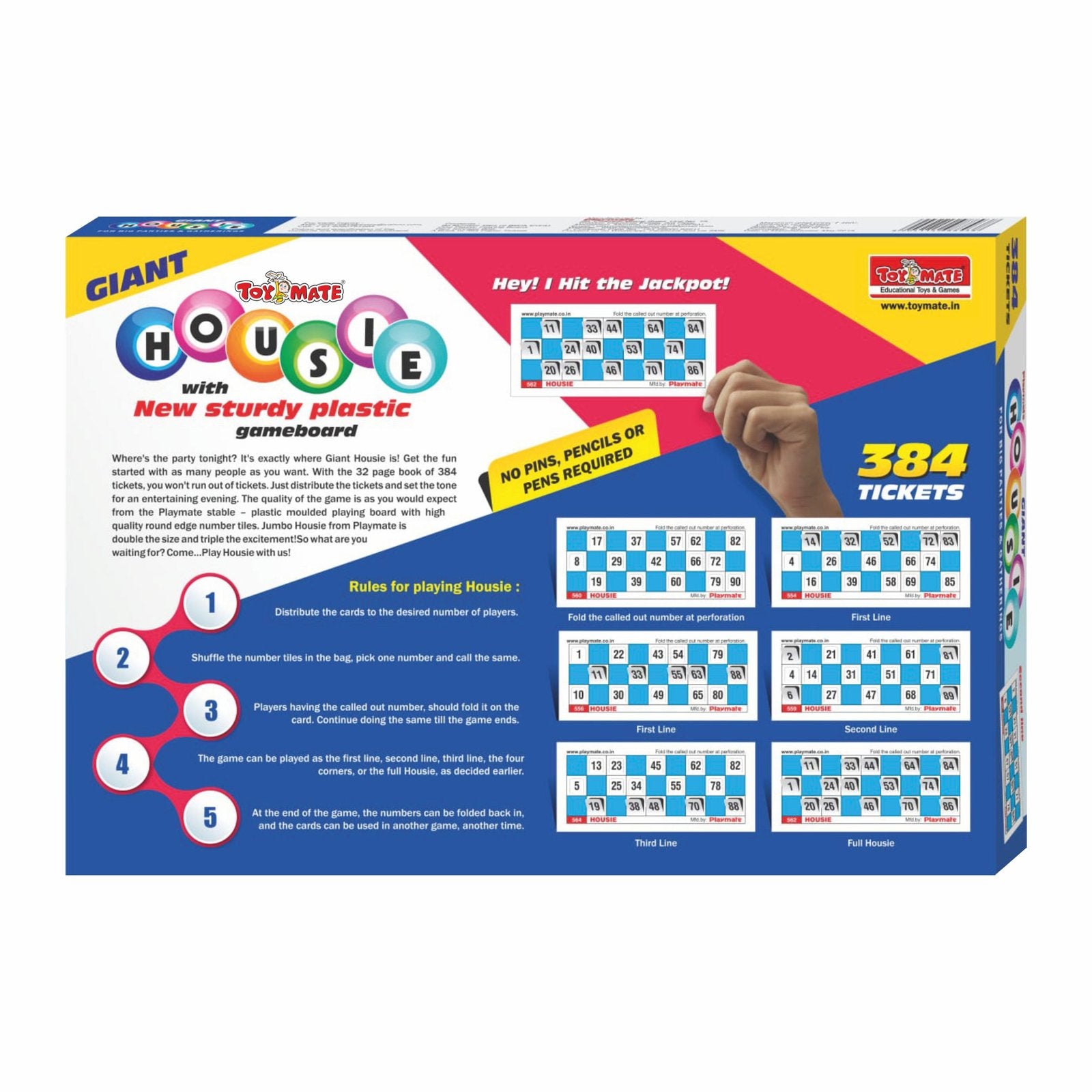 Housie 384 Game - Reusable Tickets with Plastic Gameboard | Family Party Game by Toymate