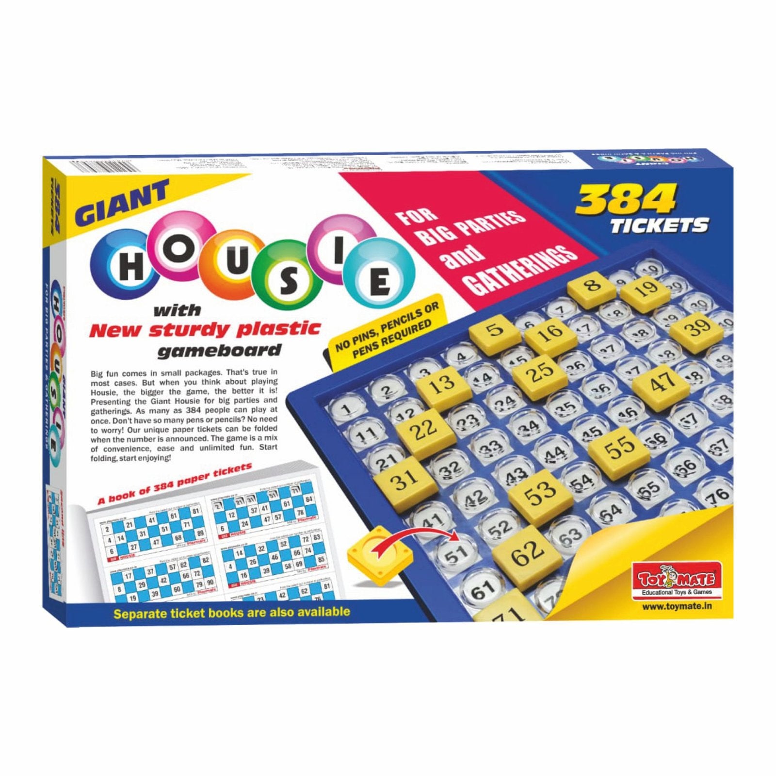 Housie 384 Game - Reusable Tickets with Plastic Gameboard | Family Party Game by Toymate