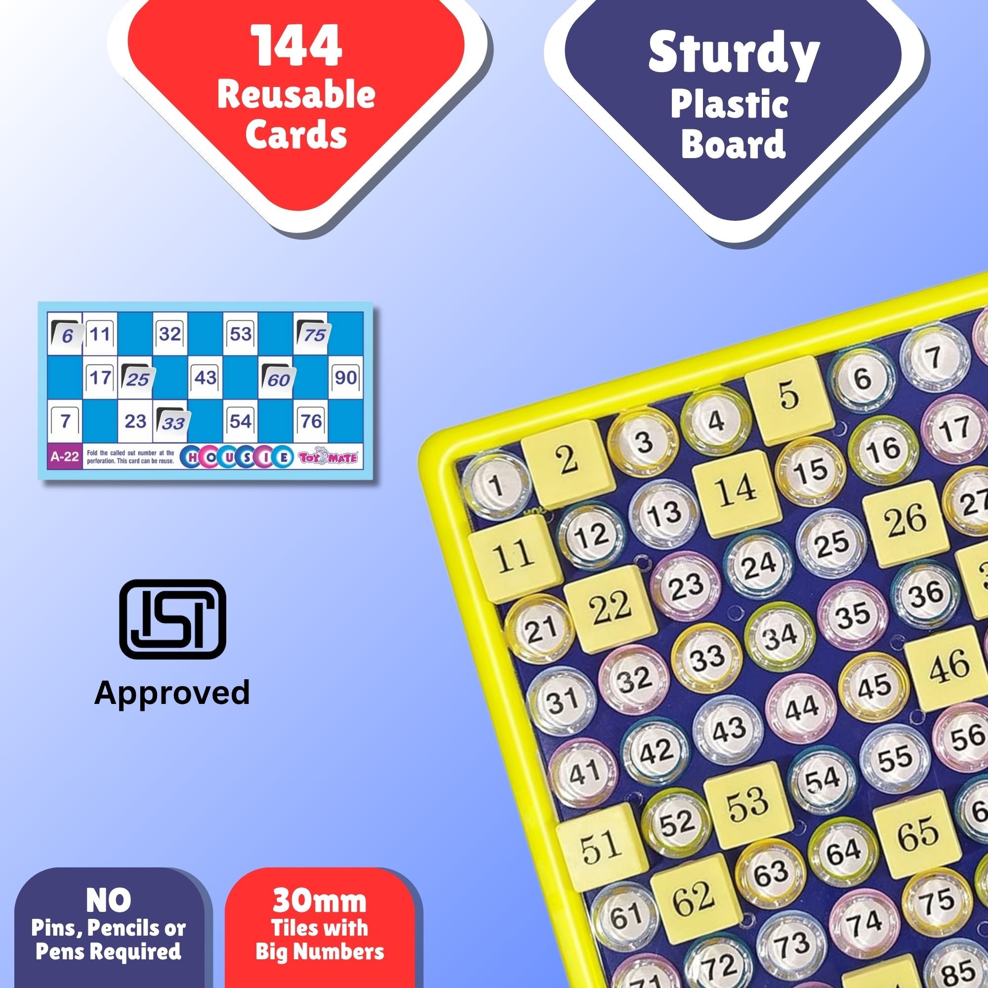 Jumbo Housie Game – 144 Reusable Cards | No Pens, Pencils or Pins Required | Family Party Board Game