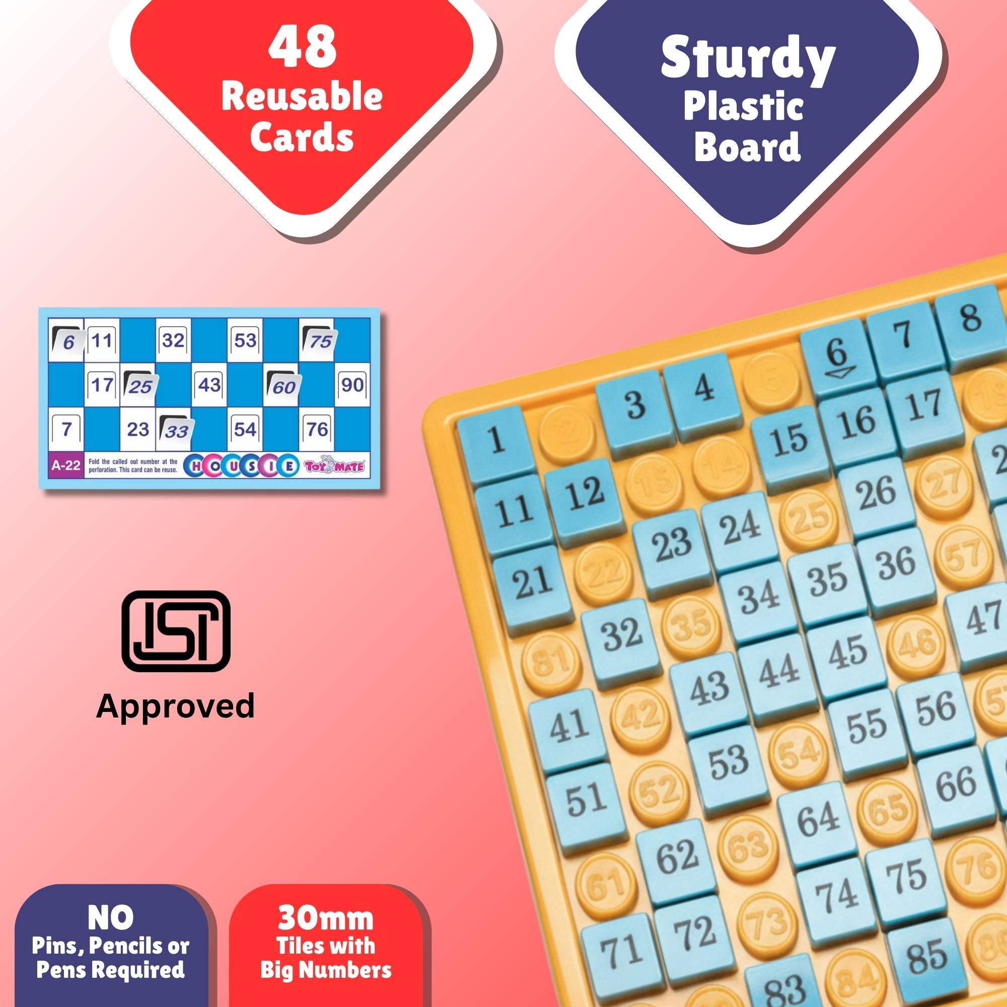 Red Housie 48 Cards – No-Pen Foldable Bingo Tambola Family Game, Reusable, Travel-Friendly