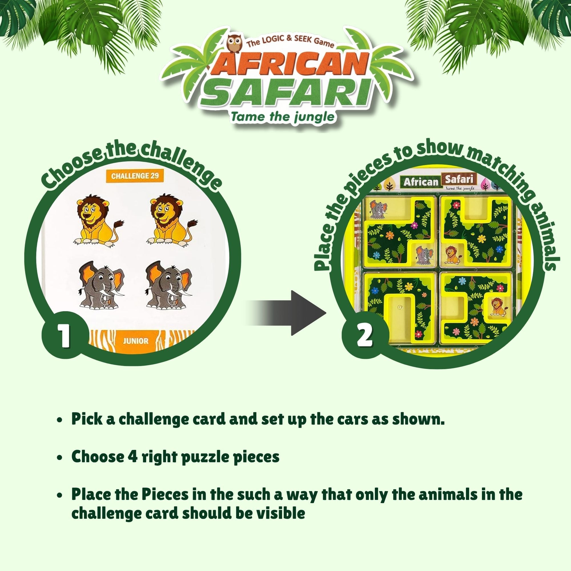 African Safari Logic Puzzle Game | 132 Challenges | 5-Piece Puzzle Set | Brain Teaser for Kids