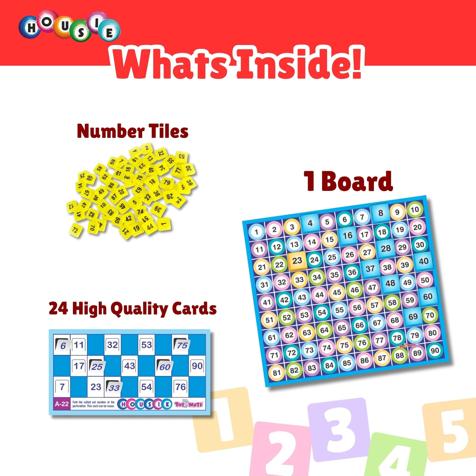 Toymate's Housie 24 Red Reusable Cards - Family Fun Game for Small Gathering- No pins or Pencils Required