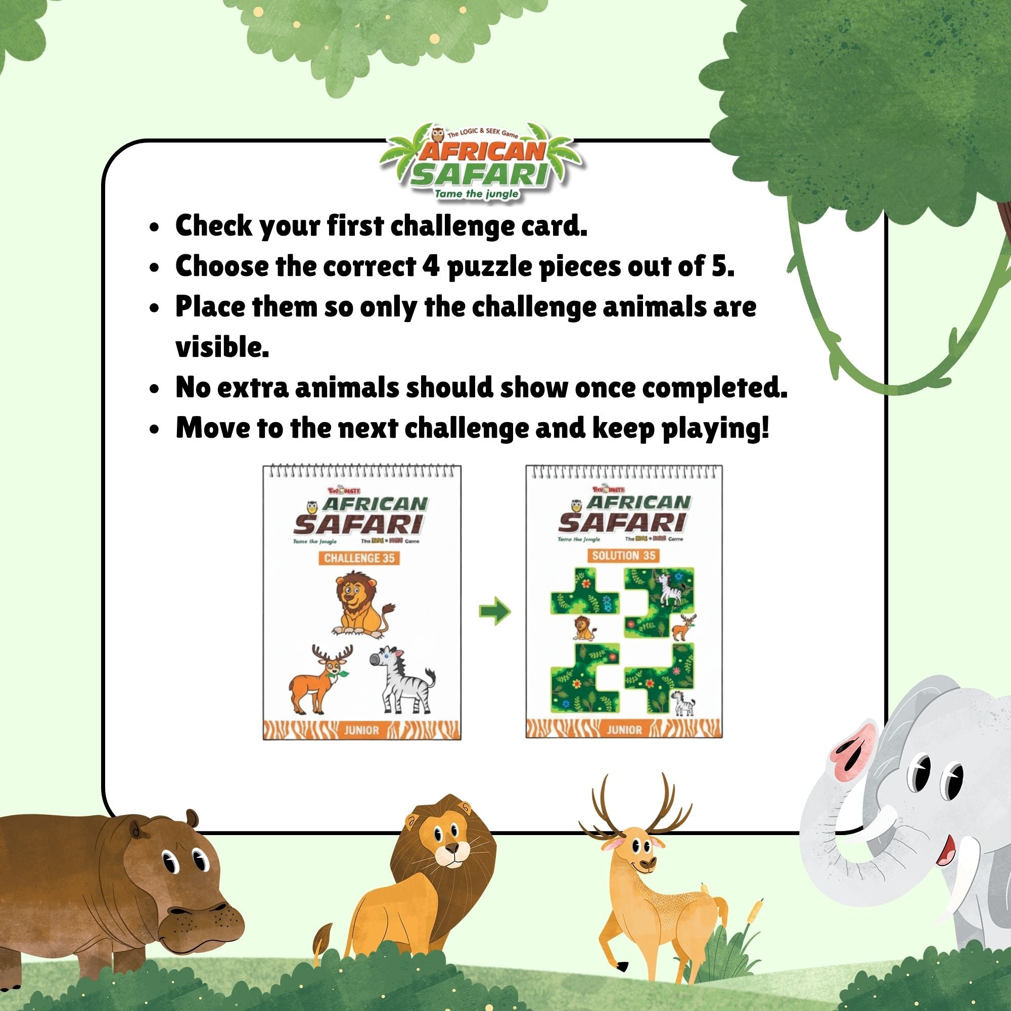 African Safari Logic Puzzle Game | 132 Challenges | 5-Piece Puzzle Set | Brain Teaser for Kids
