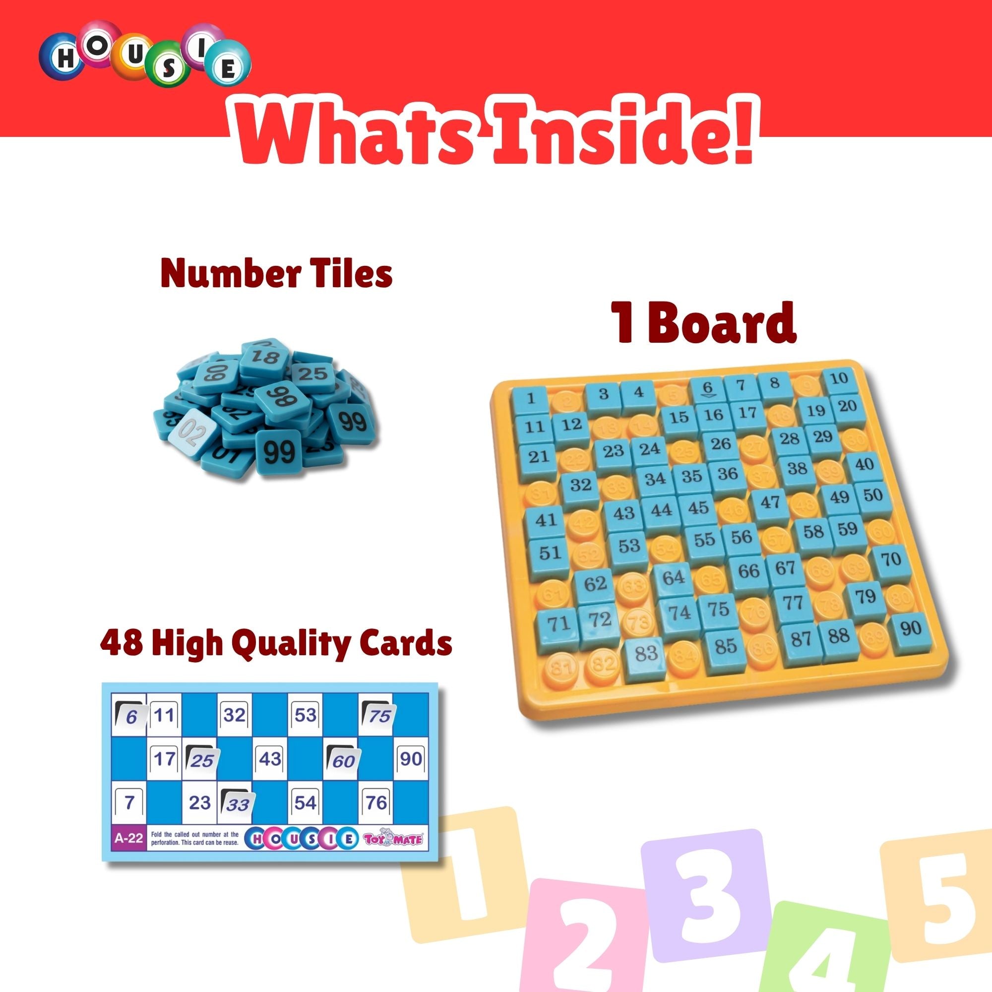 Red Housie 48 Cards – No-Pen Foldable Bingo Tambola Family Game, Reusable, Travel-Friendly
