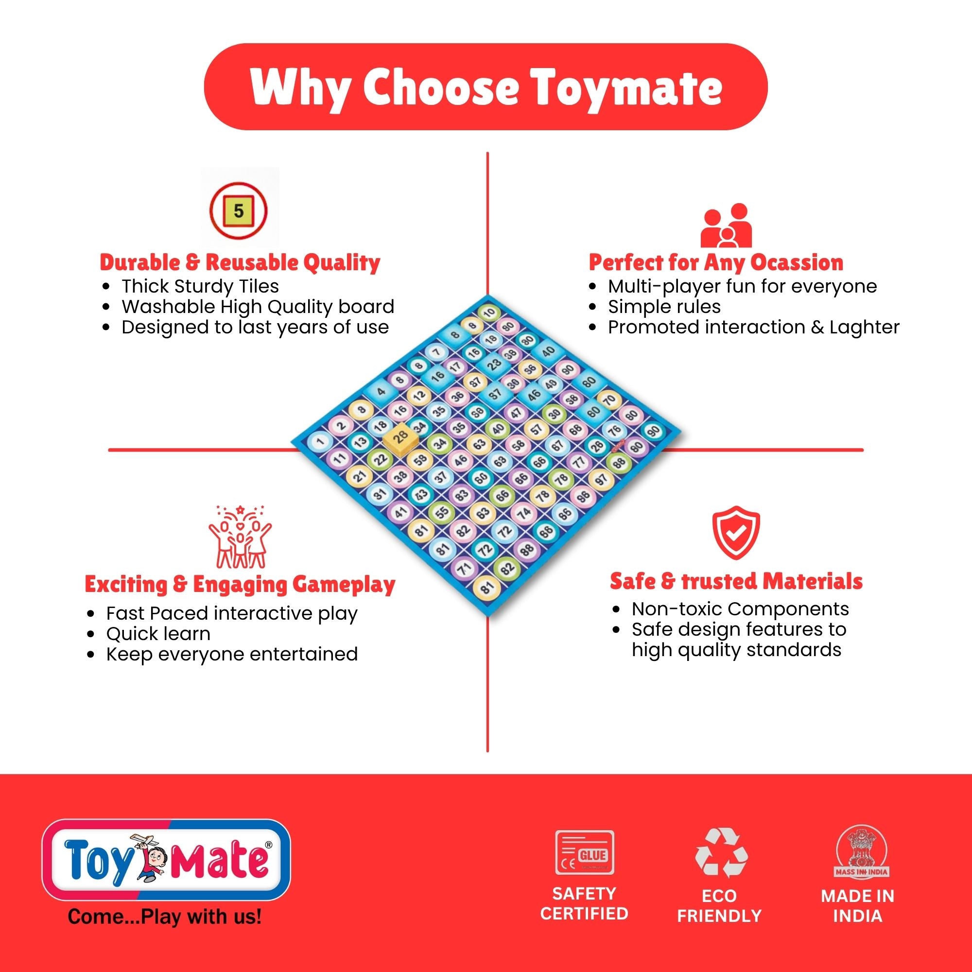 Toymate's Housie 24 Red Reusable Cards - Family Fun Game for Small Gathering- No pins or Pencils Required