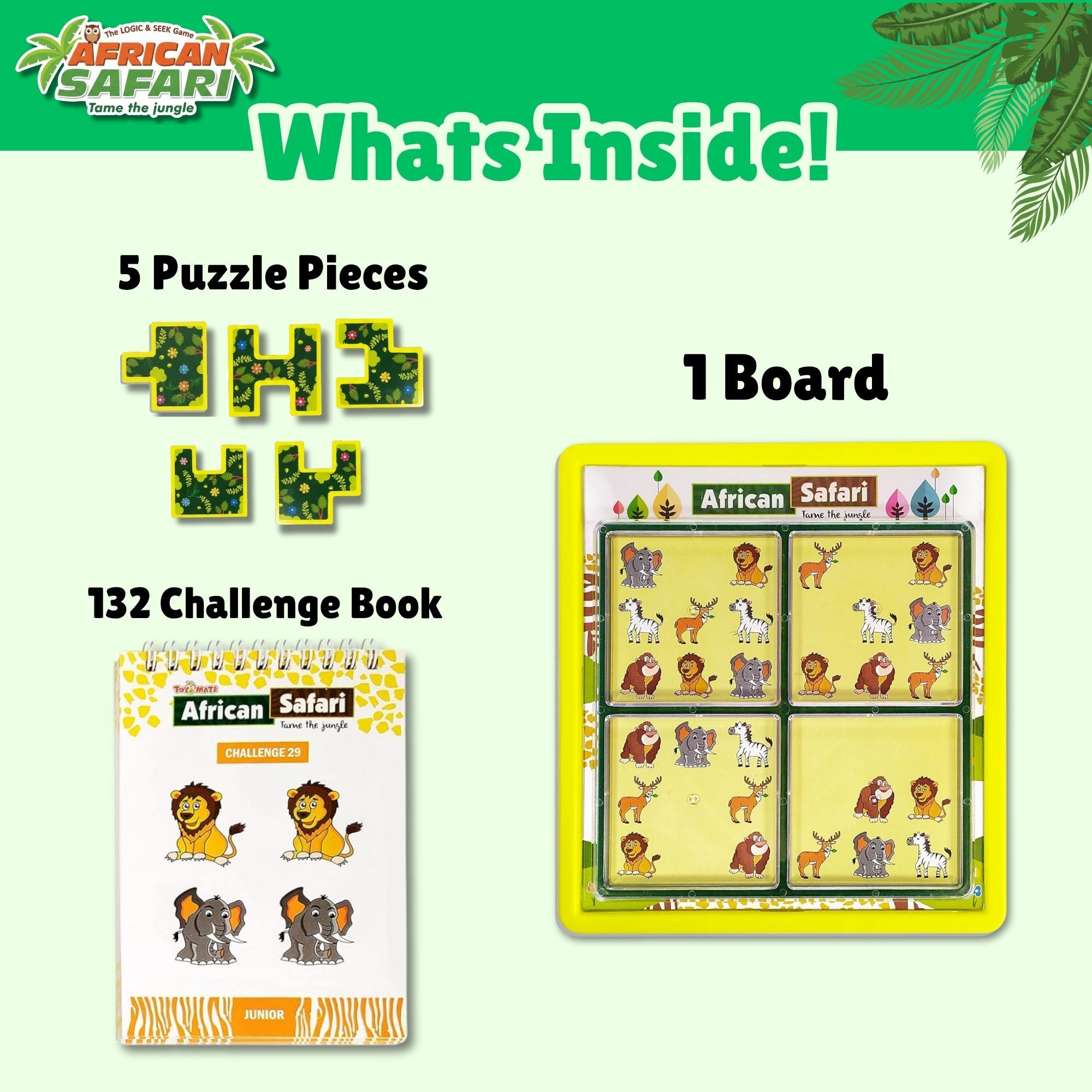 African Safari Logic Puzzle Game | 132 Challenges | 5-Piece Puzzle Set | Brain Teaser for Kids