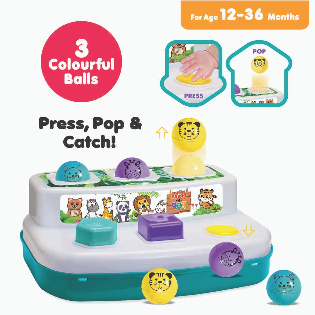 Press and Pop - A 2 in 1 animals and 3 colourful balls pop up learning educational toy