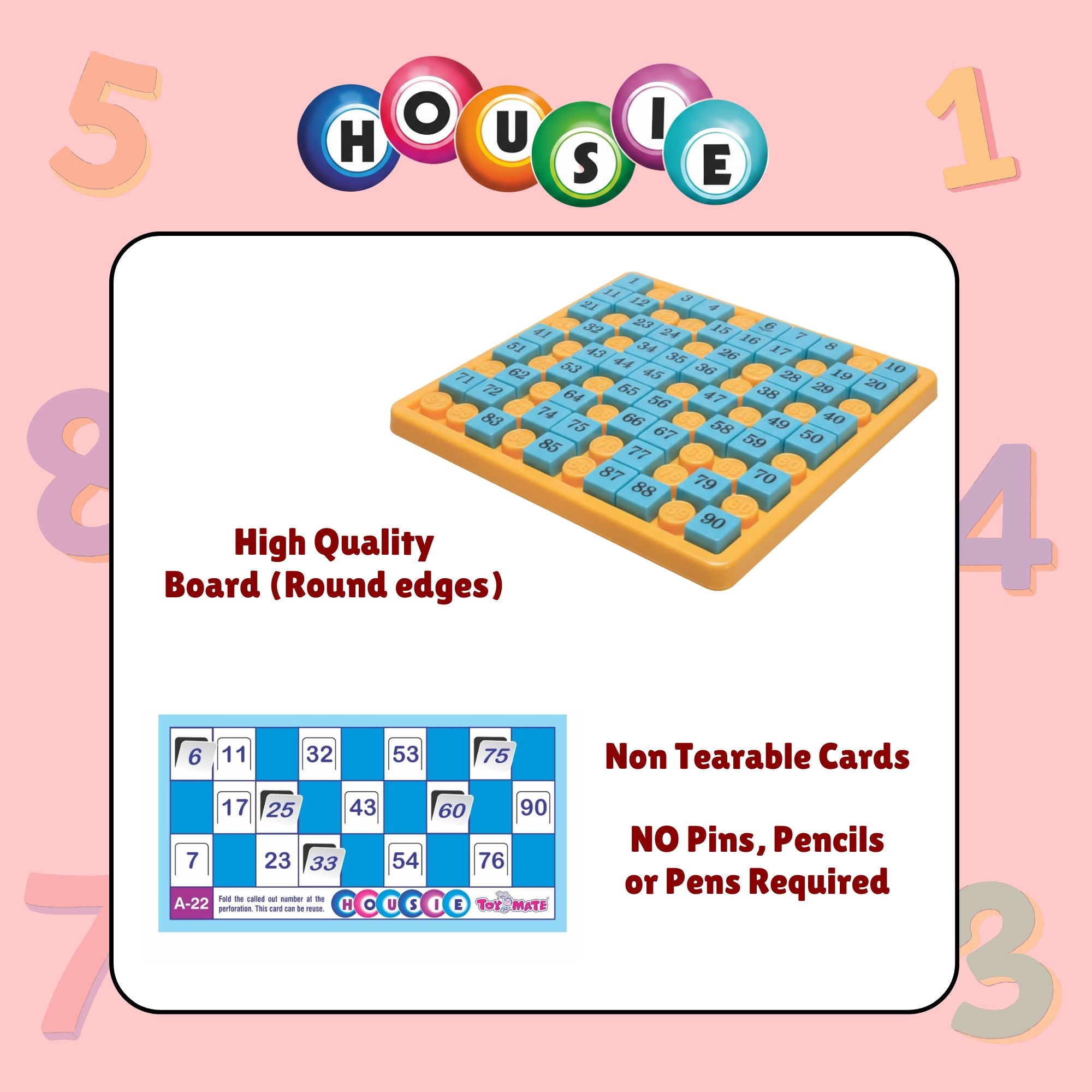 Red Housie 48 Cards – No-Pen Foldable Bingo Tambola Family Game, Reusable, Travel-Friendly