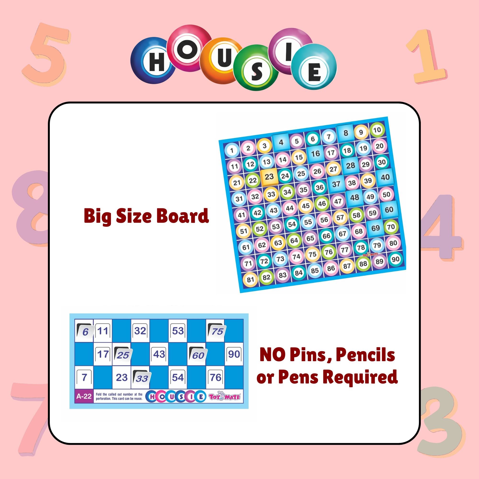 Toymate's Housie 24 Red Reusable Cards - Family Fun Game for Small Gathering- No pins or Pencils Required