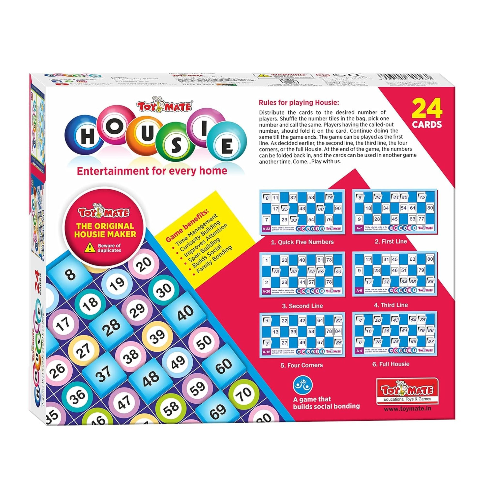 Toymate's Housie 24 Red Reusable Cards - Family Fun Game for Small Gathering- No pins or Pencils Required