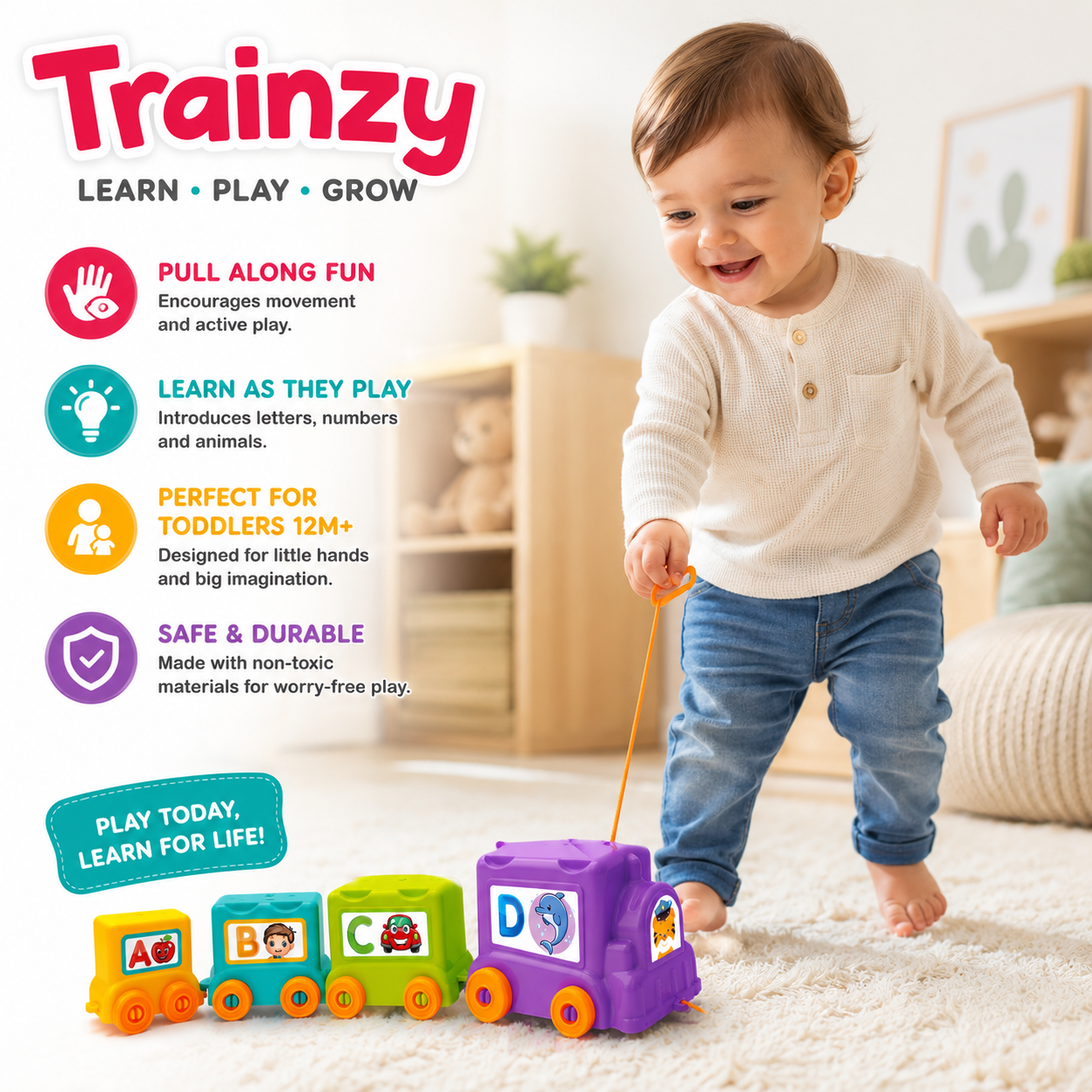Trainzy Fun Express Learning Train Set for Kids 12M+ | 4-Piece Stack, Nest & Pull Along Toy | Alphabet, Number & Animal Educational Train for Toddlers Boys & Girls