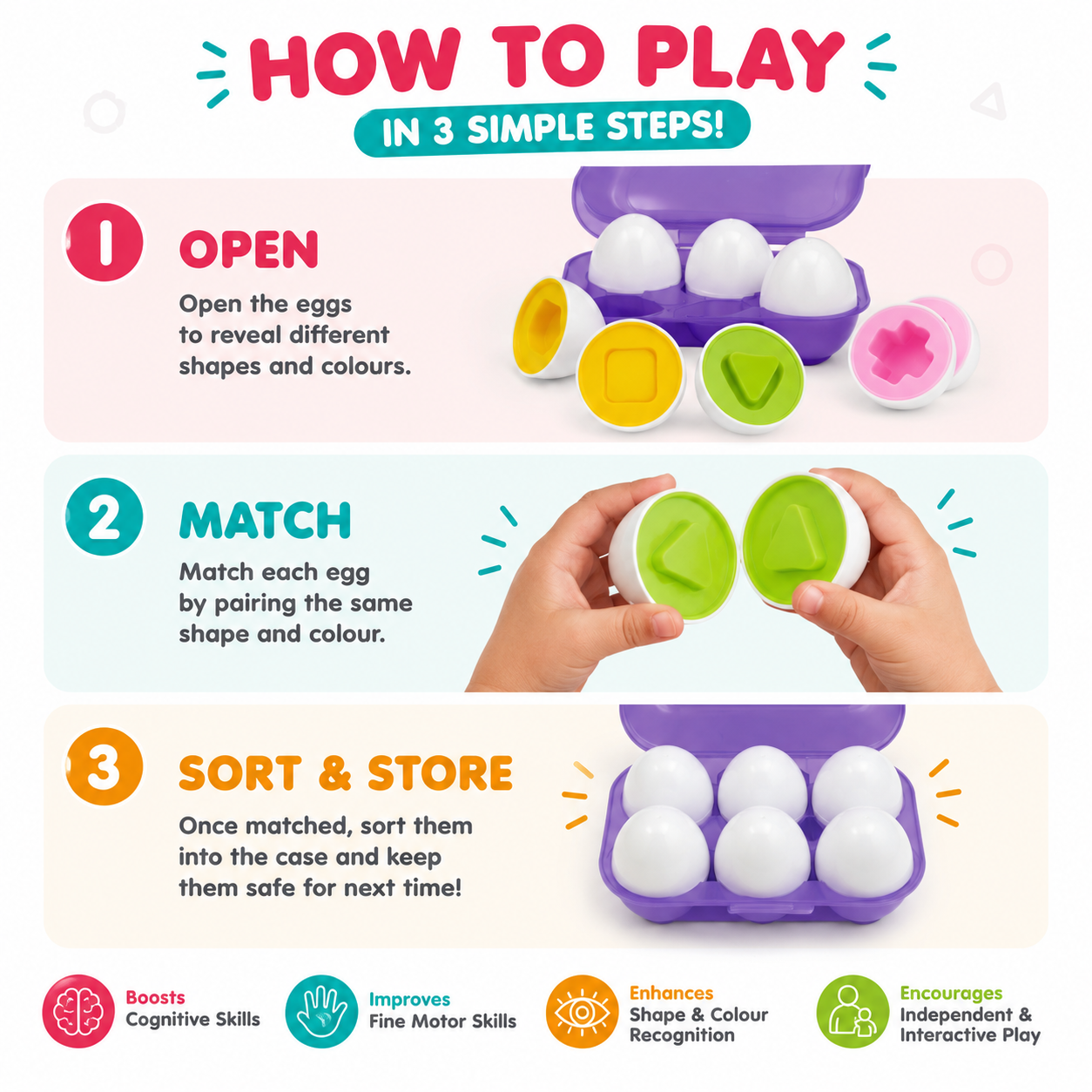 Smarty Eggs Matching Puzzle Egg Sorter Set for Toddlers 18M+ | Shape & Color Matching Learning Toy | Montessori Educational Gift for Boys & Girls | Fine Motor Skills Toy