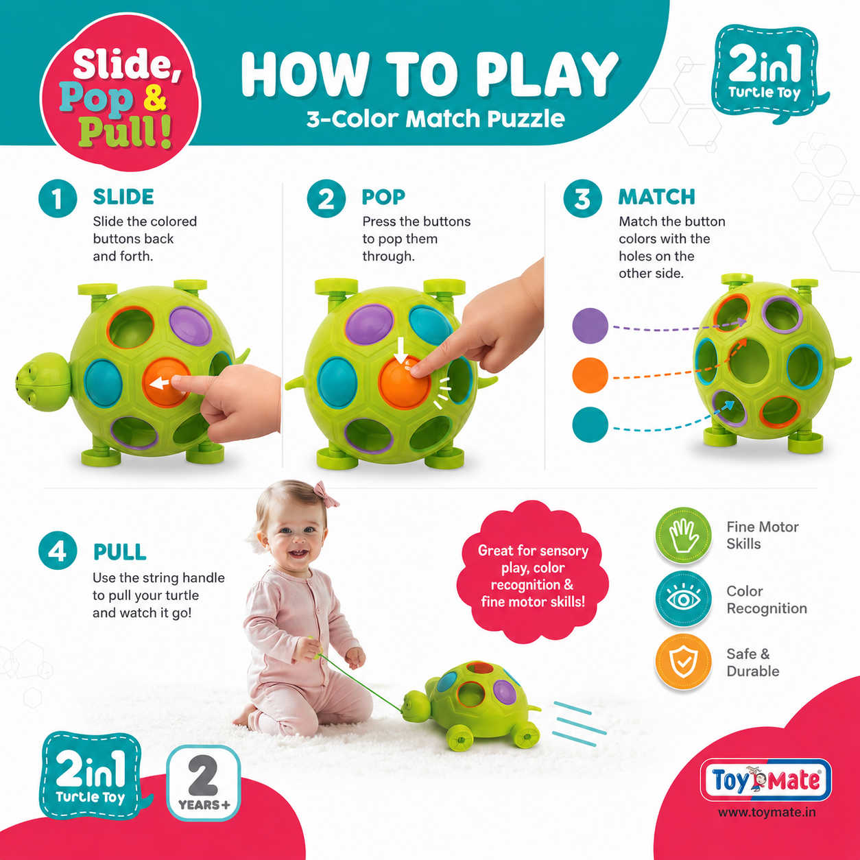 Slide, Pop & Pull Toddler Fidget Toy for Kids 2+ Years | Sensory Pull String Toy with Popping Buttons | Fine Motor Skill Development & Sensory Play for Boys and Girls
