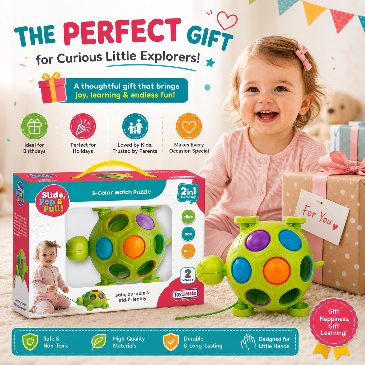 Slide, Pop & Pull Toddler Fidget Toy for Kids 2+ Years | Sensory Pull String Toy with Popping Buttons | Fine Motor Skill Development & Sensory Play for Boys and Girls