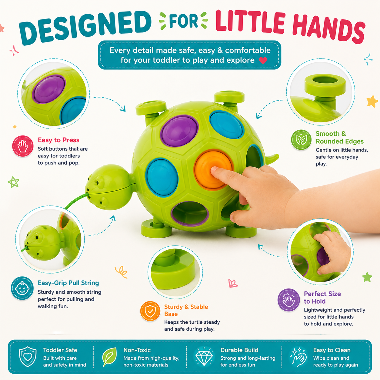 Slide, Pop & Pull Toddler Fidget Toy for Kids 2+ Years | Sensory Pull String Toy with Popping Buttons | Fine Motor Skill Development & Sensory Play for Boys and Girls