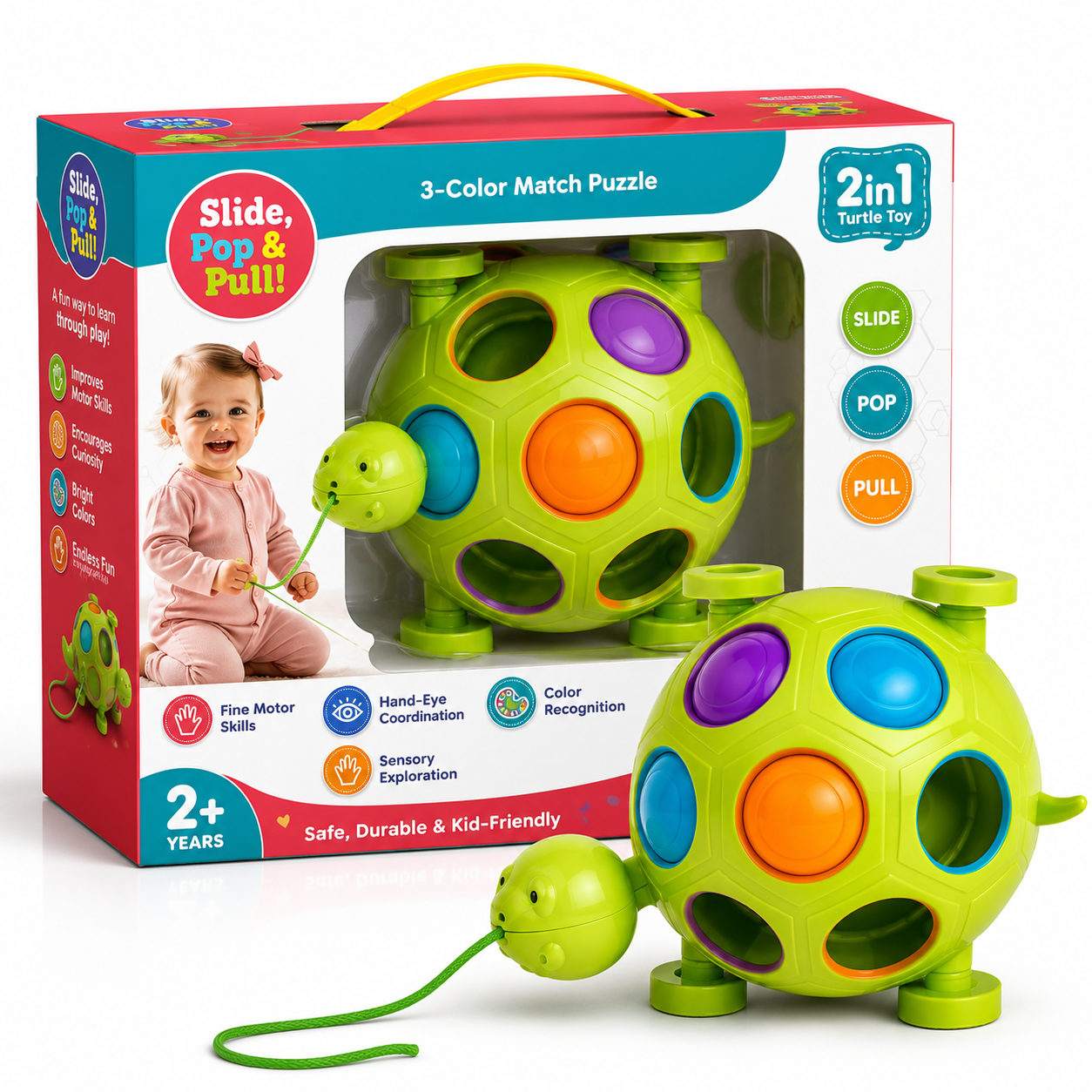 Slide, Pop & Pull Toddler Fidget Toy for Kids 2+ Years | Sensory Pull String Toy with Popping Buttons | Fine Motor Skill Development & Sensory Play for Boys and Girls