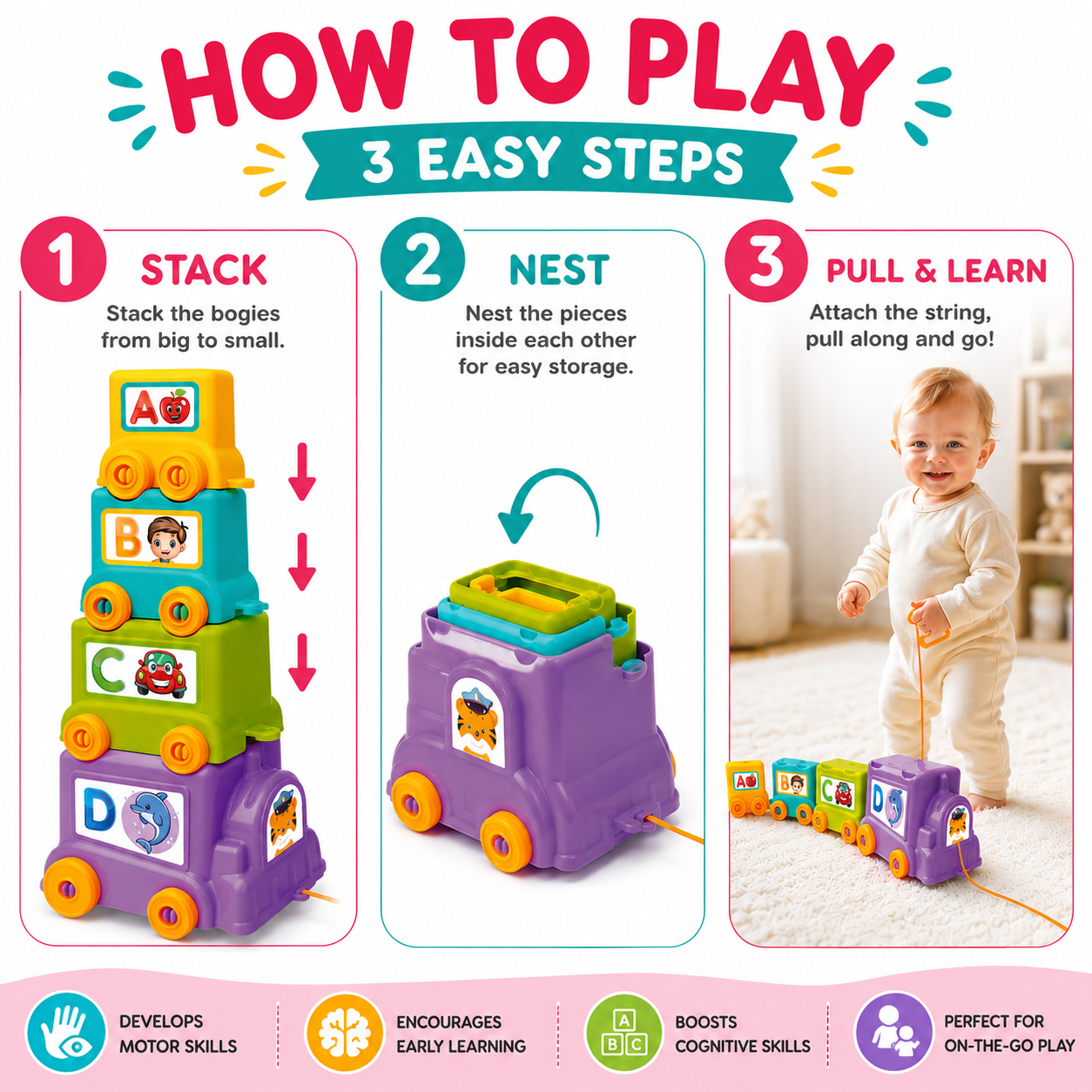 Trainzy Fun Express Learning Train Set for Kids 12M+ | 4-Piece Stack, Nest & Pull Along Toy | Alphabet, Number & Animal Educational Train for Toddlers Boys & Girls