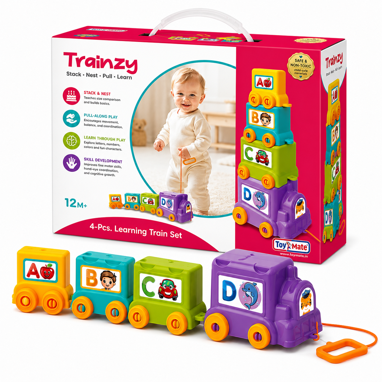 Trainzy Fun Express Learning Train Set for Kids 12M+ | 4-Piece Stack, Nest & Pull Along Toy | Alphabet, Number & Animal Educational Train for Toddlers Boys & Girls