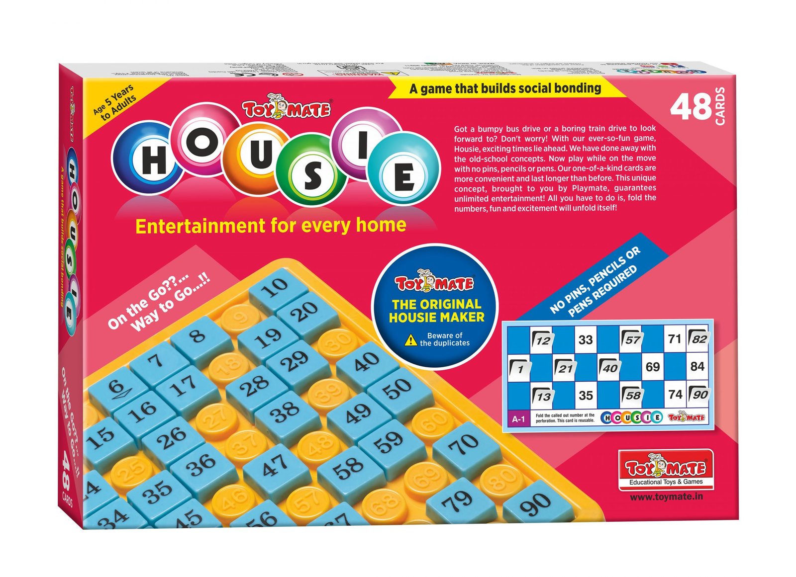 Red Housie 48 Cards – No-Pen Foldable Bingo Tambola Family Game, Reusable, Travel-Friendly