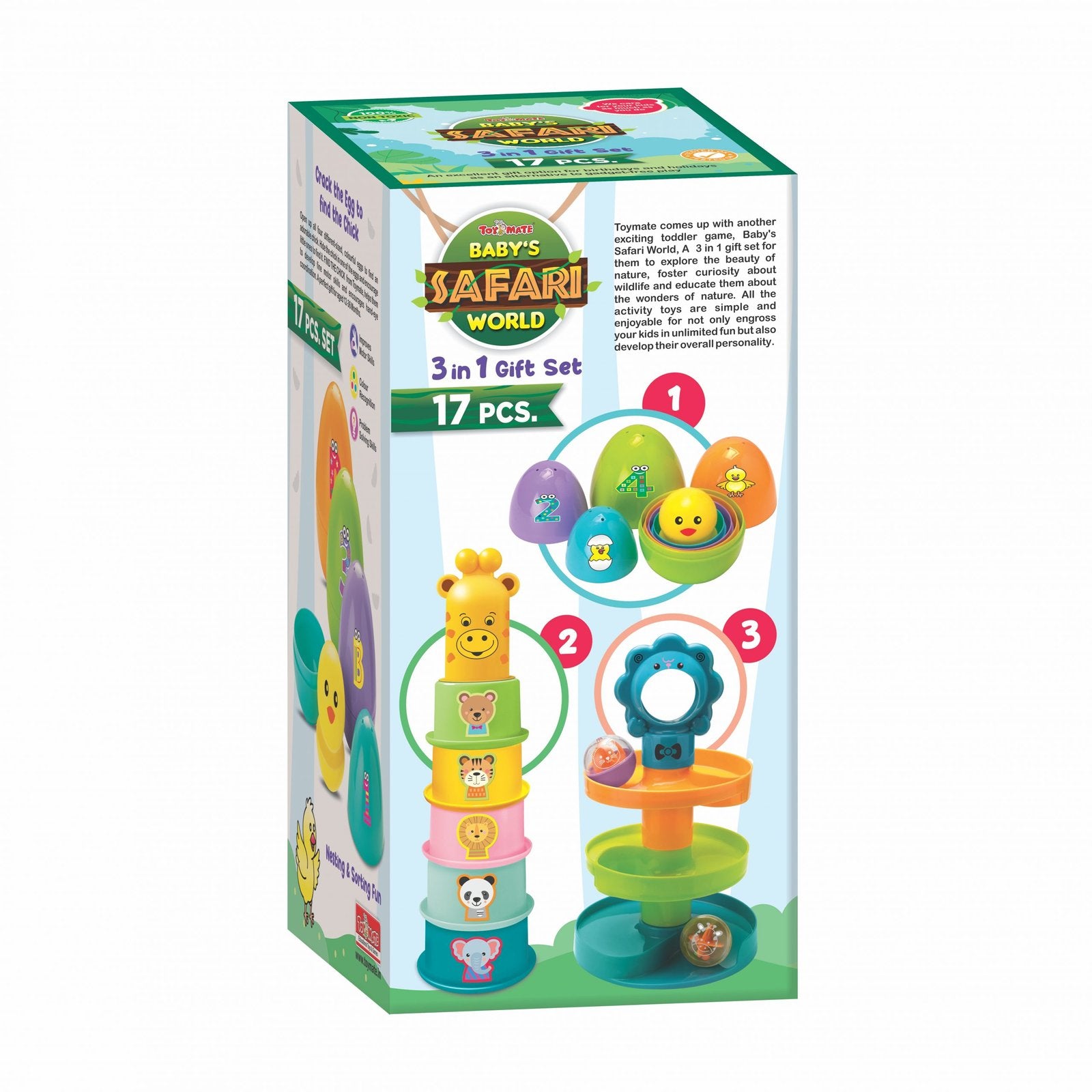 Baby’s Safari World 3-in-1 Gift Set – 17 PCS | Educational Nesting, Stacking & Sorting Toy for Toddlers (12–36 Months)